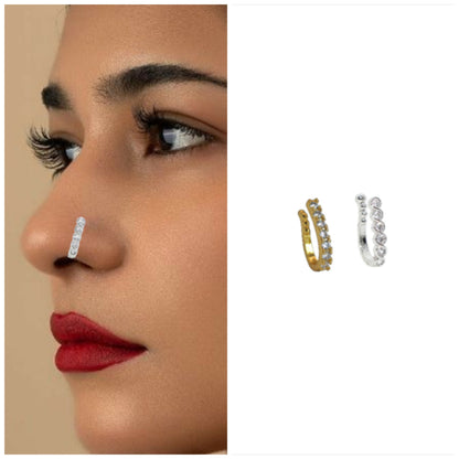 Non-Piercing Nose Cuff Set | CZ Line, Wavy & Floral Nath Combo Pack of 2