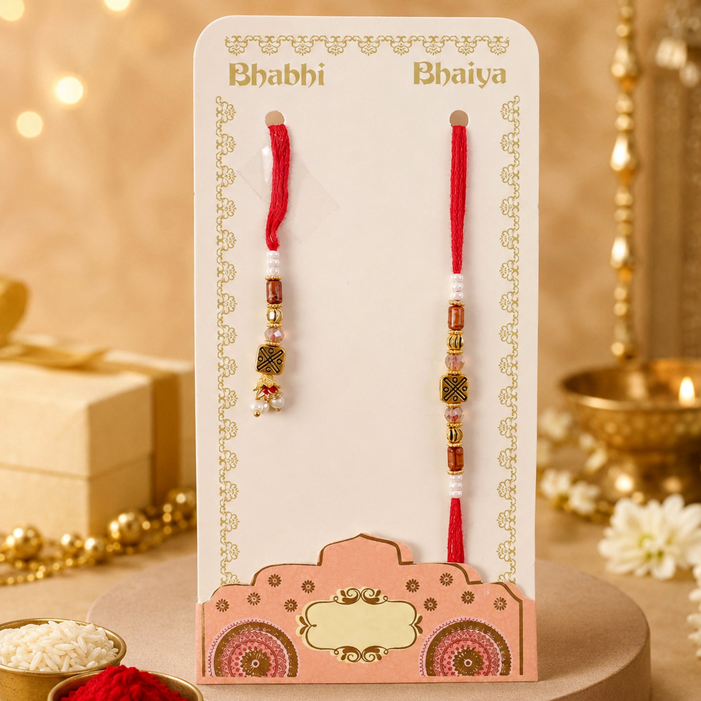 Geometric Square Couple Rakhi Set with Amber Beads and Pearl Lumba for Bhaiya Bhabhi