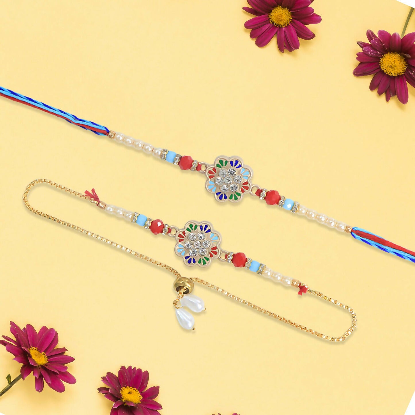 Golden adjustable lumba complementing Bhai Bhabhi Rakhi set