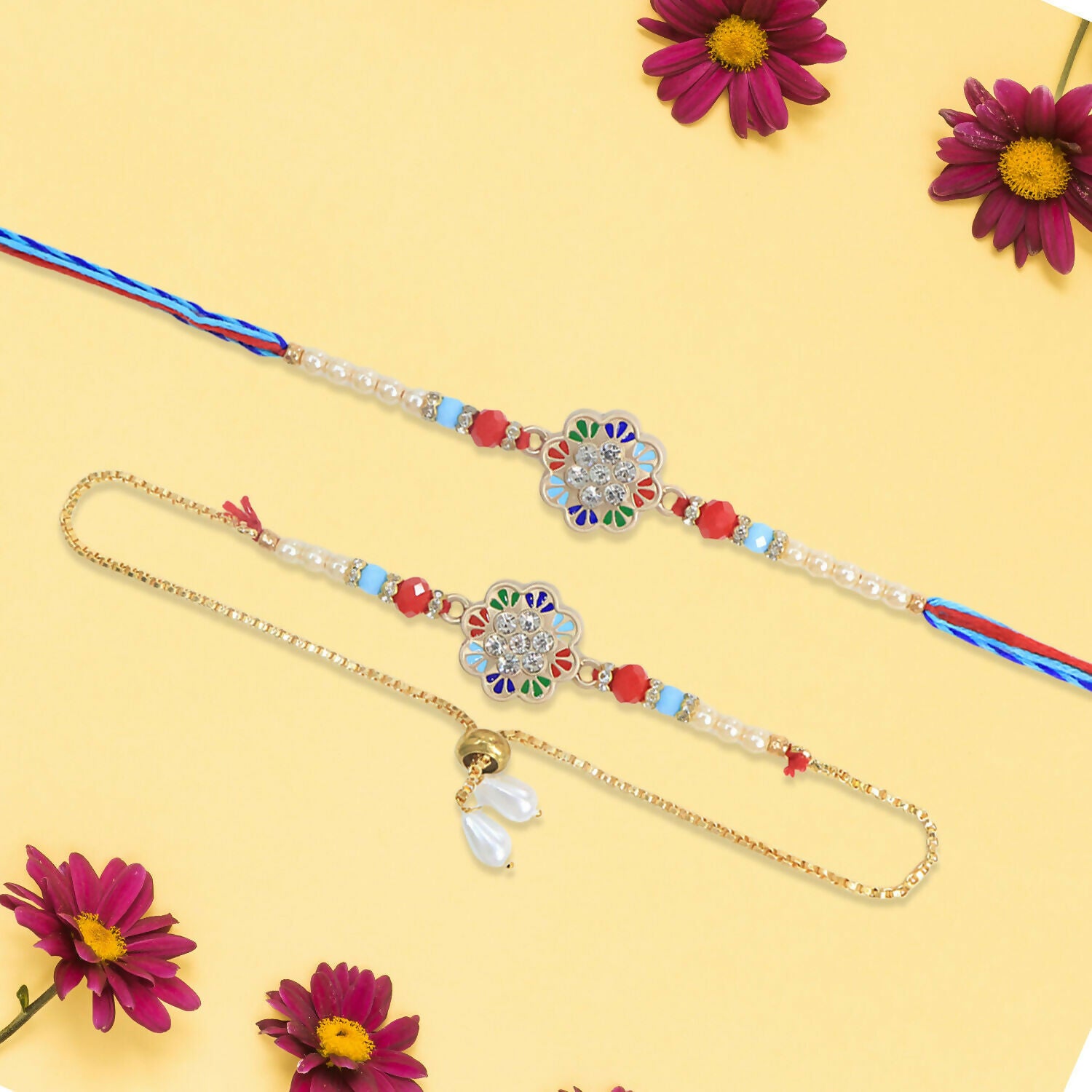 Golden adjustable lumba complementing Bhai Bhabhi Rakhi set