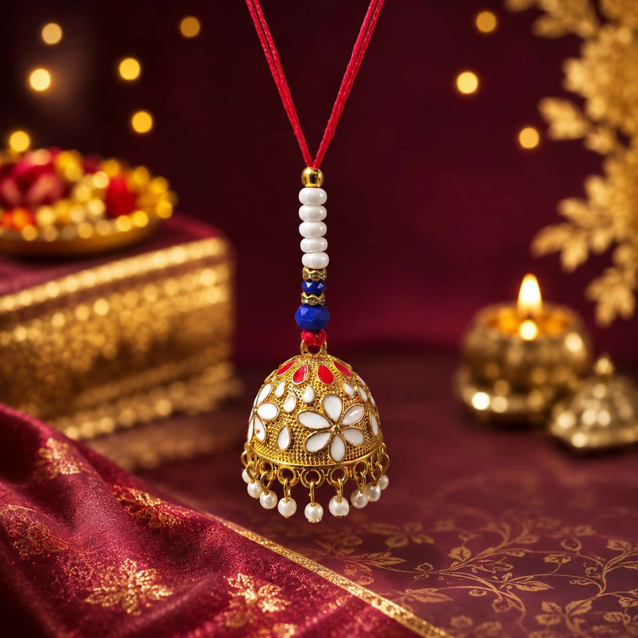 A gold-finished floral lumba with white and red enamel flowers, pearl drops, and a red thread hangs over a red and gold