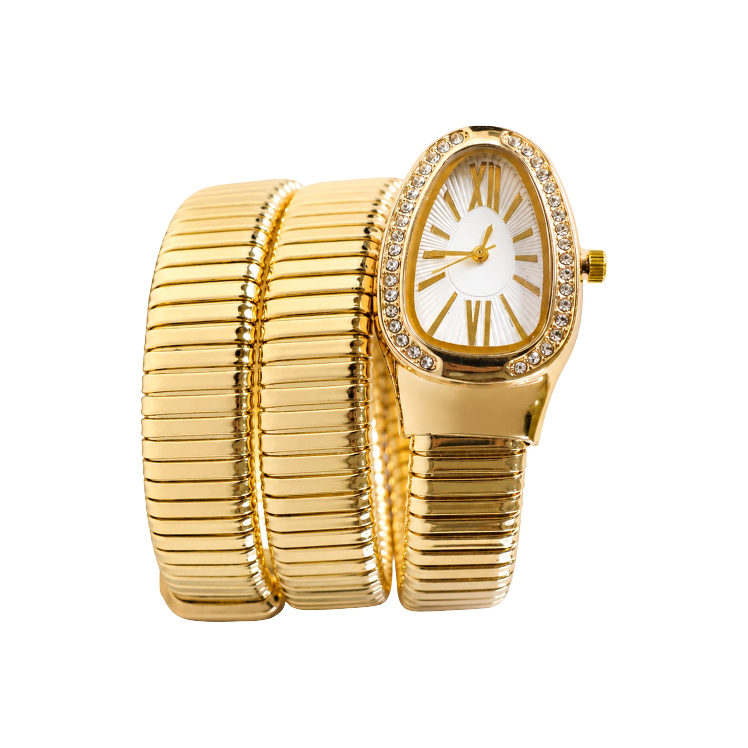 Golden Oval Snake Style Bracelet Watch with Crystal Border Dial for Women