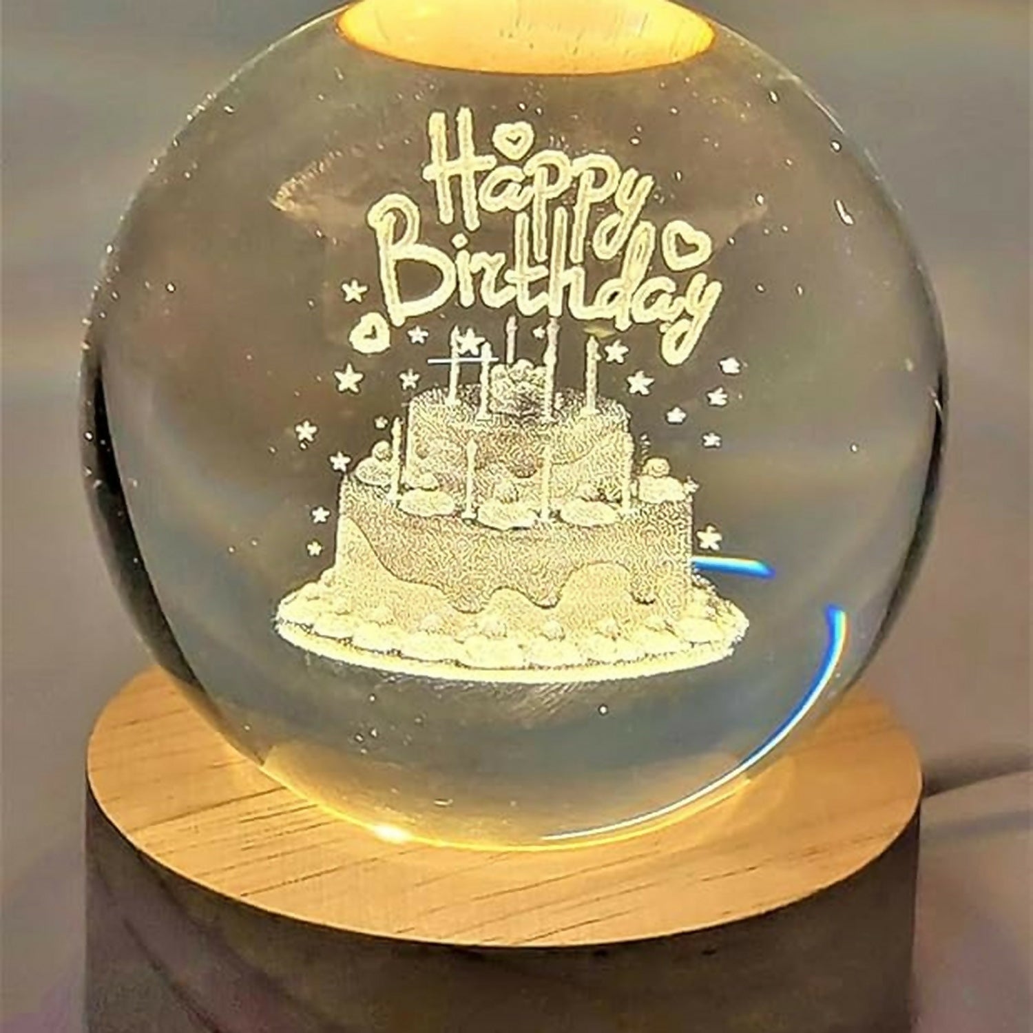 3D Crystal Ball Birthday LED Lamp with Wooden Base & Warm Light