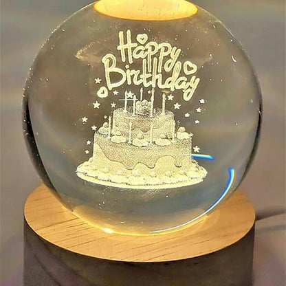 3D Crystal Ball Birthday LED Lamp with Wooden Base & Warm Light