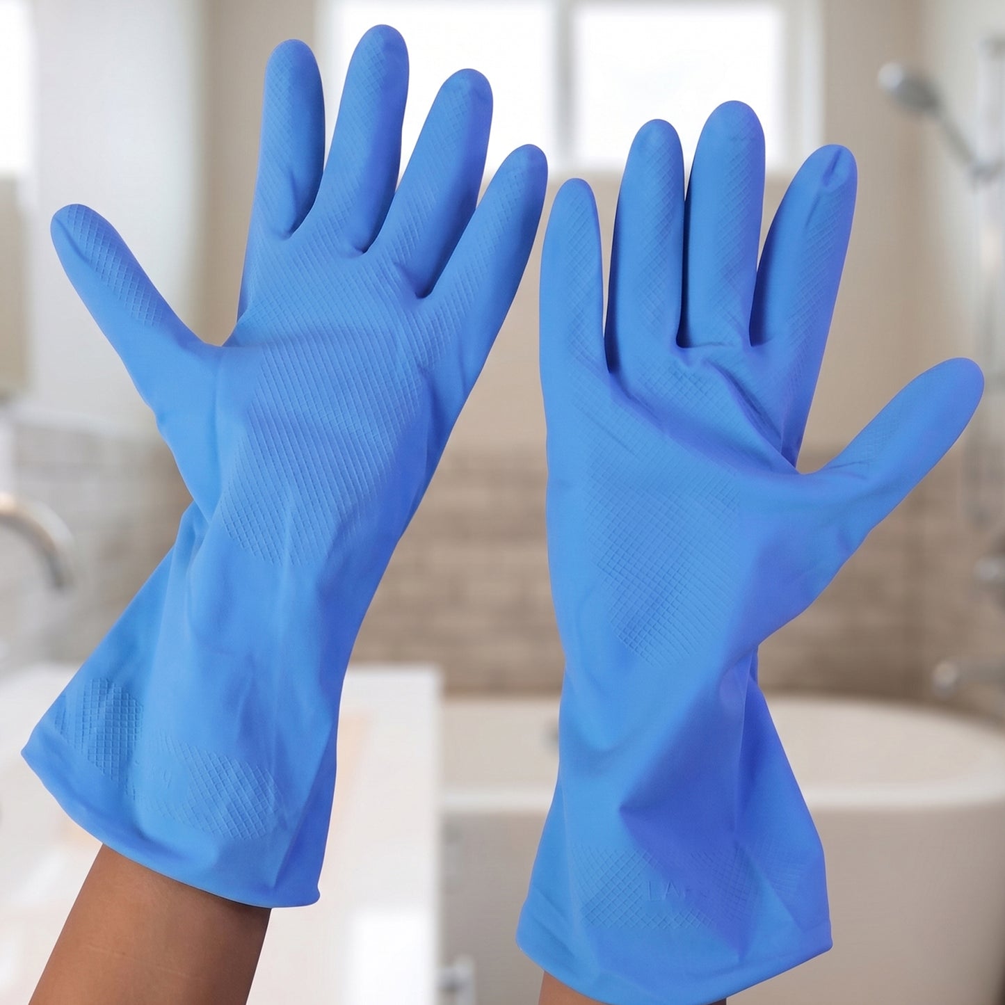 Close-up of blue large cleaning gloves