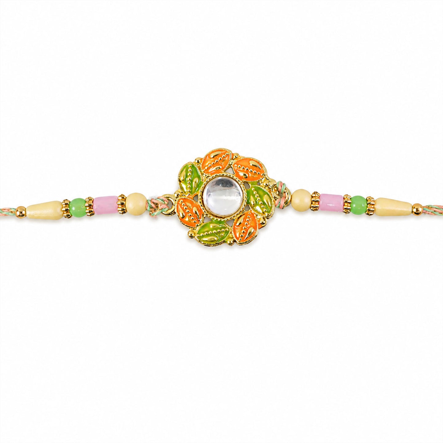 Gold Leaf Kundan Pendant Rakhi with Rudraksha Beads