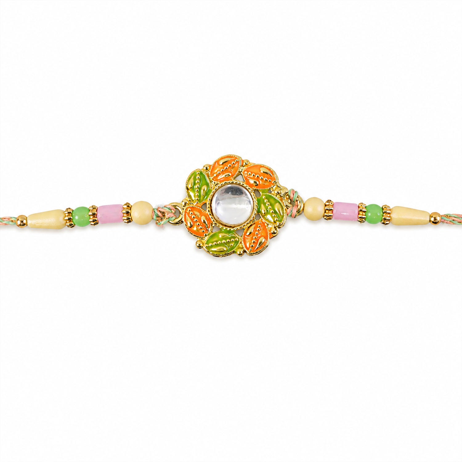 Gold Leaf Kundan Pendant Rakhi with Rudraksha Beads