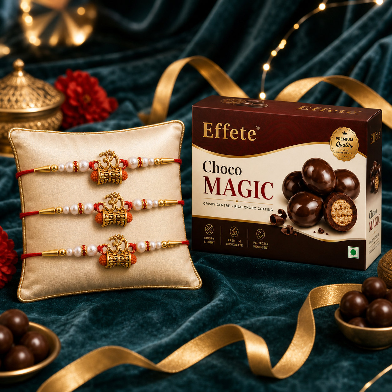 Om Rudraksha Rakhi Set with Choco Magic, Pack of 3
