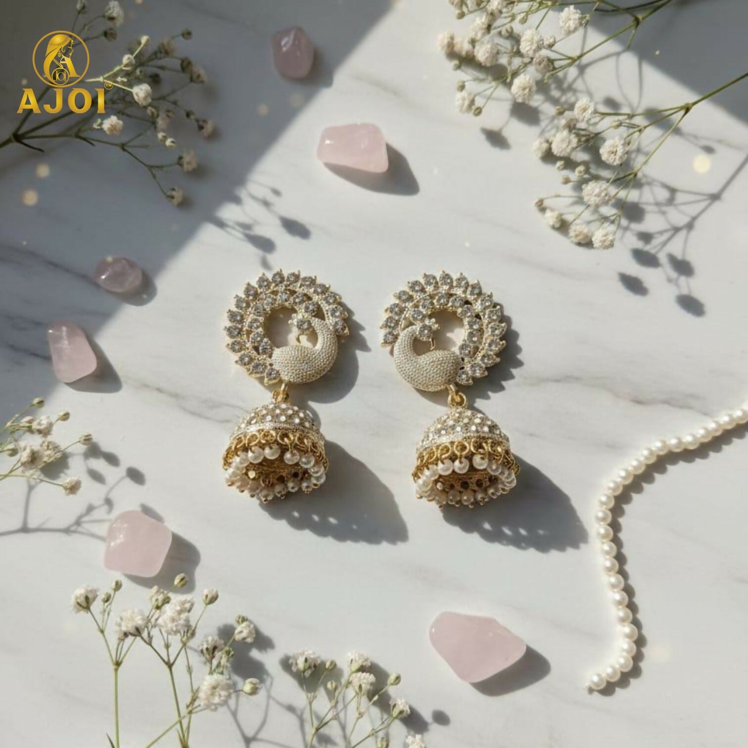 Elegant White Stone Pearl Jhumka Earrings