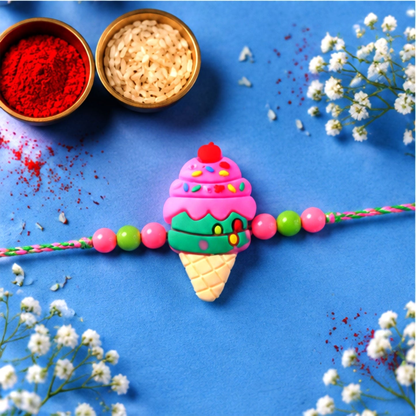 Ice Cream Cone Rakhi Cartoon Kids Cherry Sprinkle Design (10pcs)