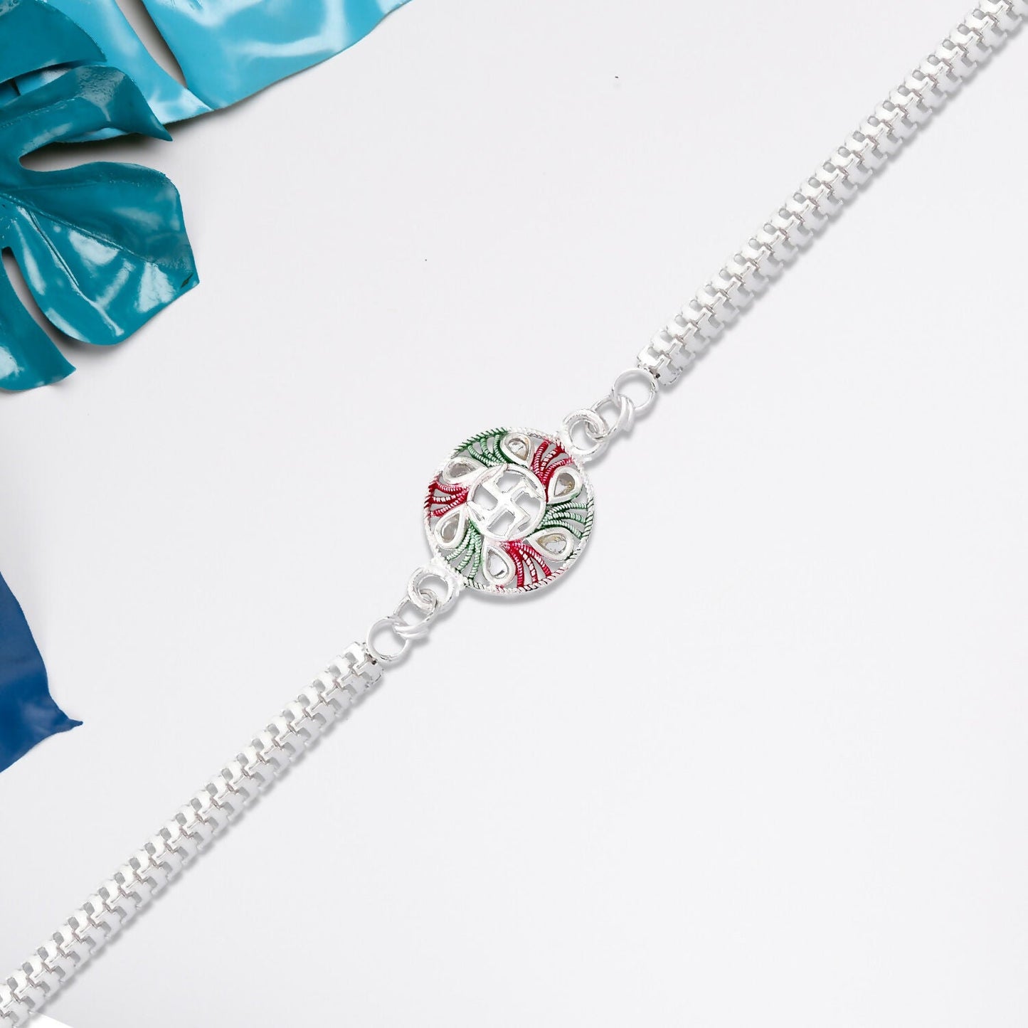 Buy Swastik Rakhi with Tricolor Enamel Silver Chain for Brother (5pcs)