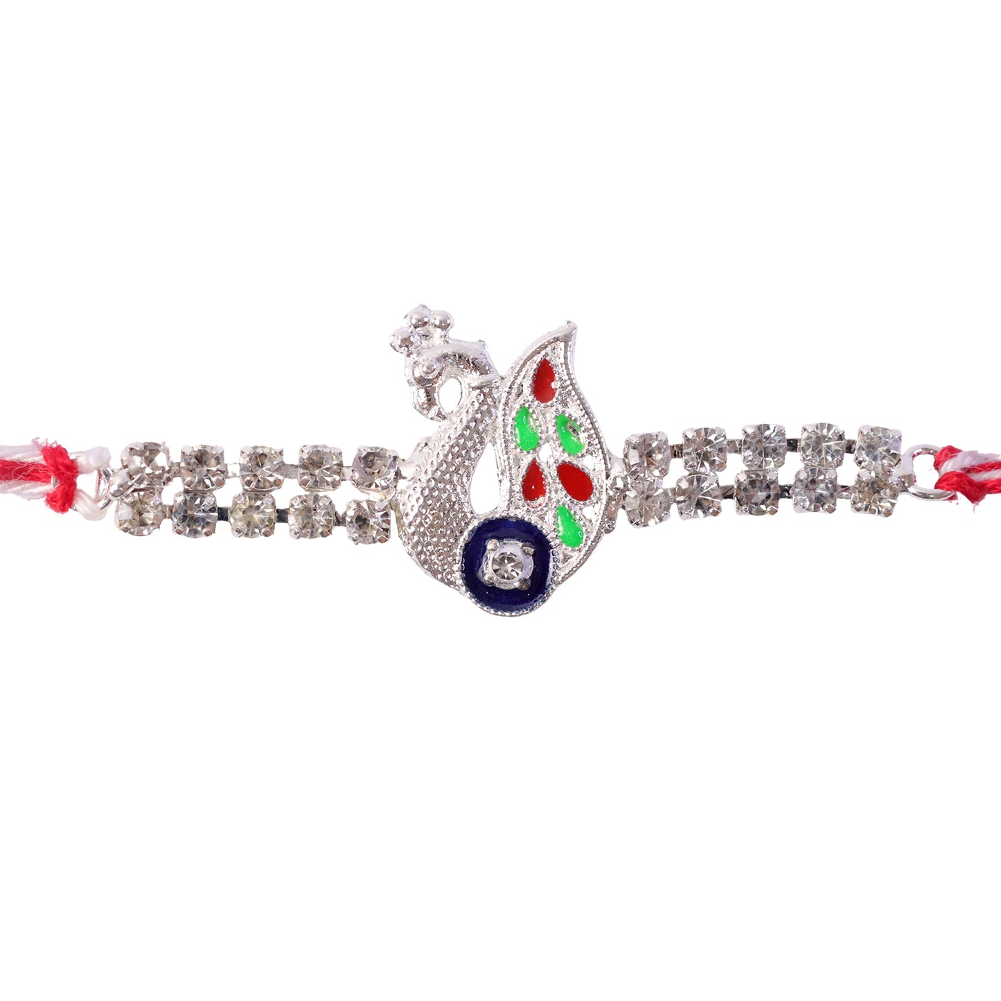 Silver-Toned Peacock Rakhi with Multicolor Enamel, Double Crystal Chain & Red Thread