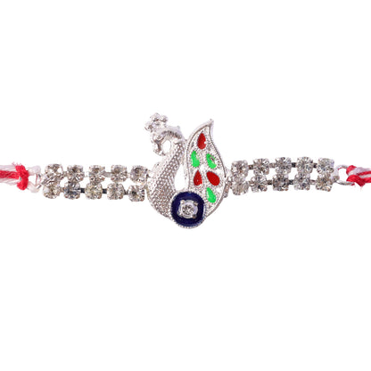 Silver-Toned Peacock Rakhi with Multicolor Enamel, Double Crystal Chain & Red Thread