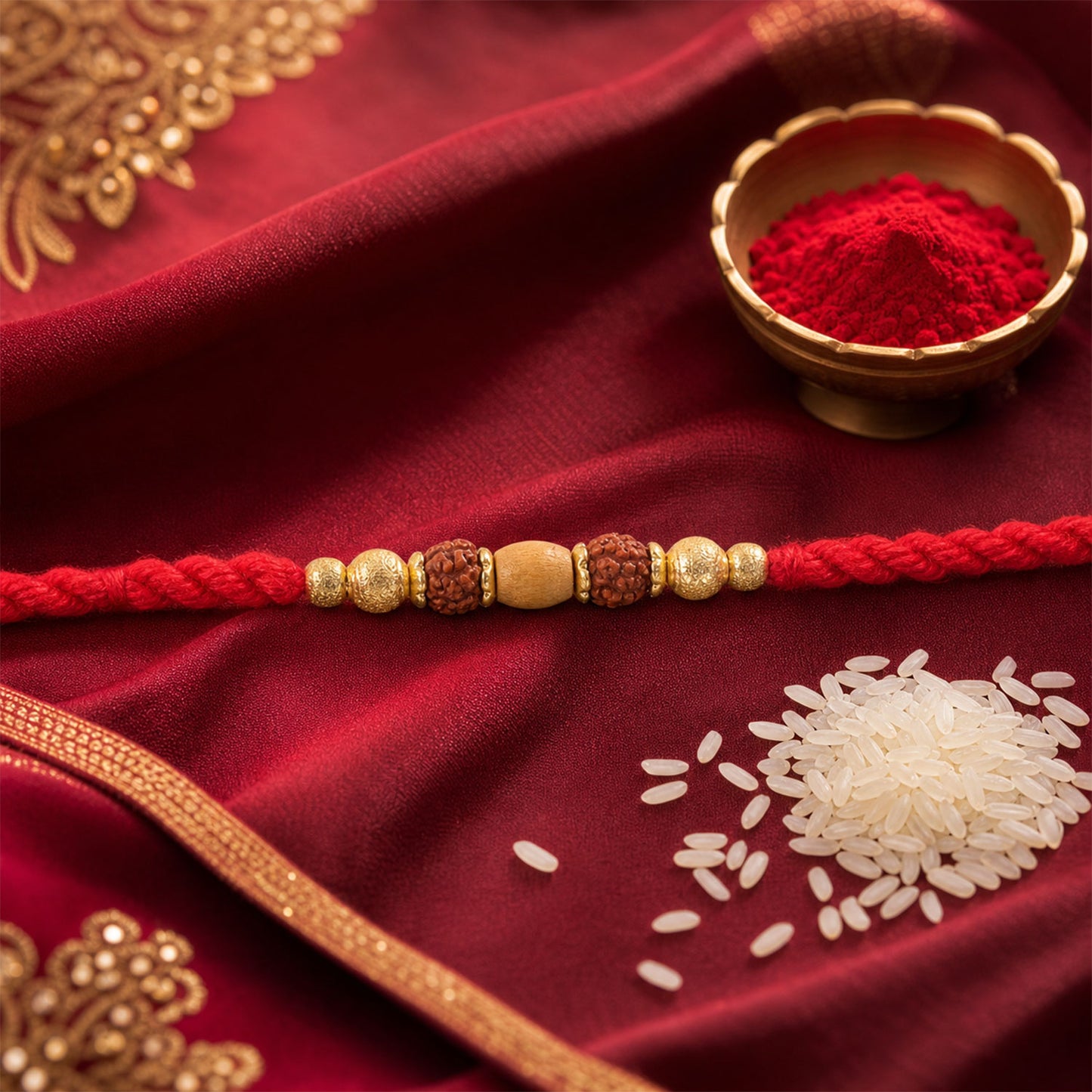 Red Thread Rakhi with a Row of Natural Rudraksha Bead Pendant