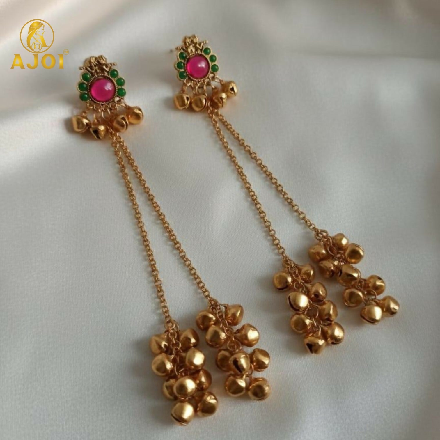 Royal Kashmiri-Inspired Gold-Plated ERuby Pink & Emerald Green Stones, Dual Chain Ghungroo Drops