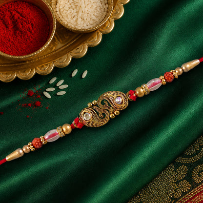 Antique Twin Paisley Kairi Motif Kundan Rakhi with Rudraksha & Crystal Beads