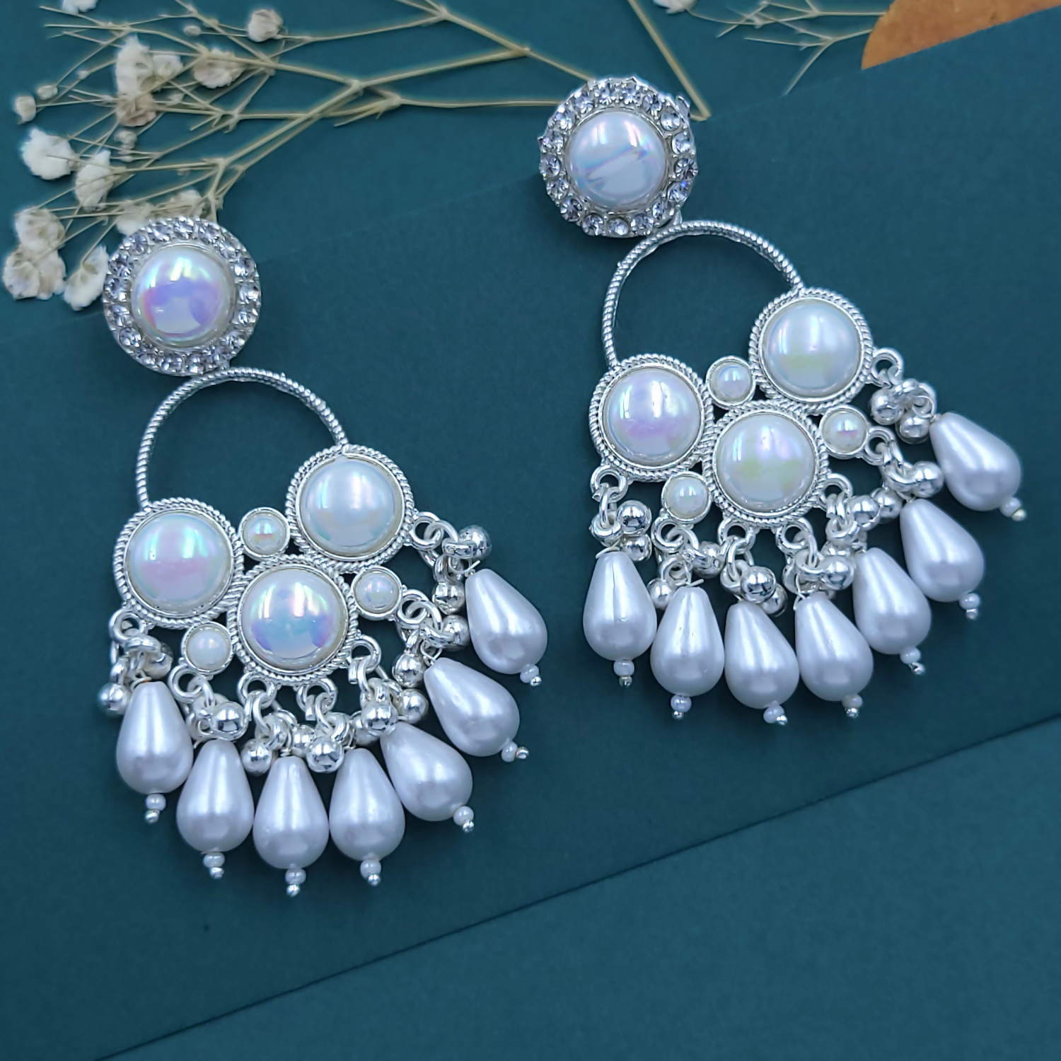 Kundan White Pearl Silver Plated Chandbali Earrings Agate Alloy Chandbali Earring