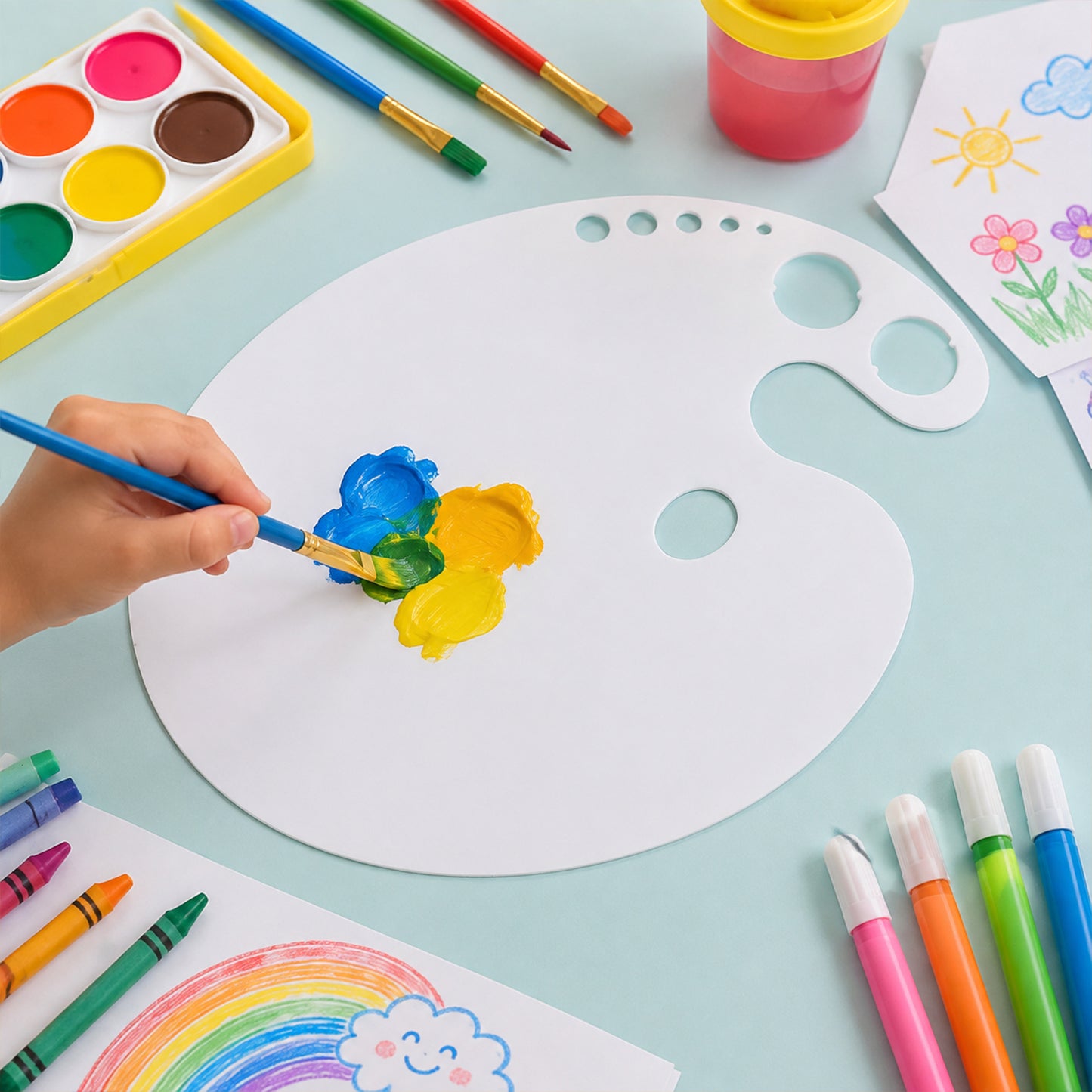 Oval Oil Colour Mixing Plate with 2 Dippers & Thumb Hole Flat Palette for Artists