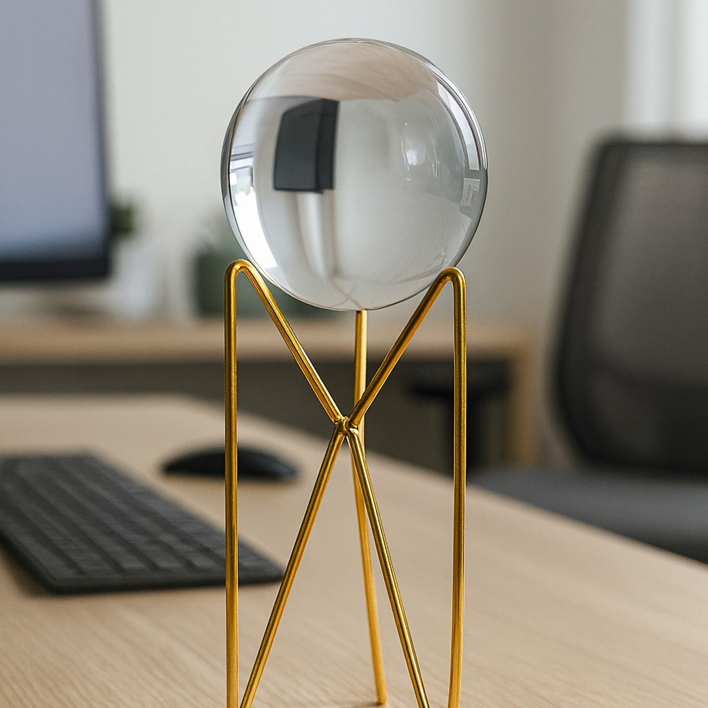 Side view of clear crystal orb decoration with geometric golden stand
