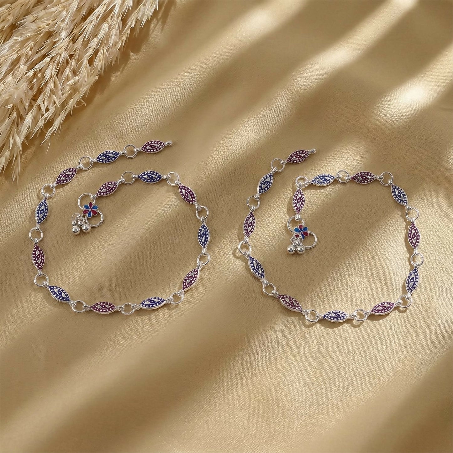 Elegant Silver Enamel Leaf Anklet Pair with Floral Charm
