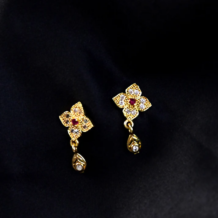 Floral Inspired Gold Earrings with Pink Stone & Hanging Drop