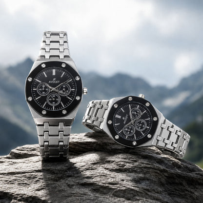 Silver Couple Watch Set with Black Dial Chronograph Style Metal Strap Design