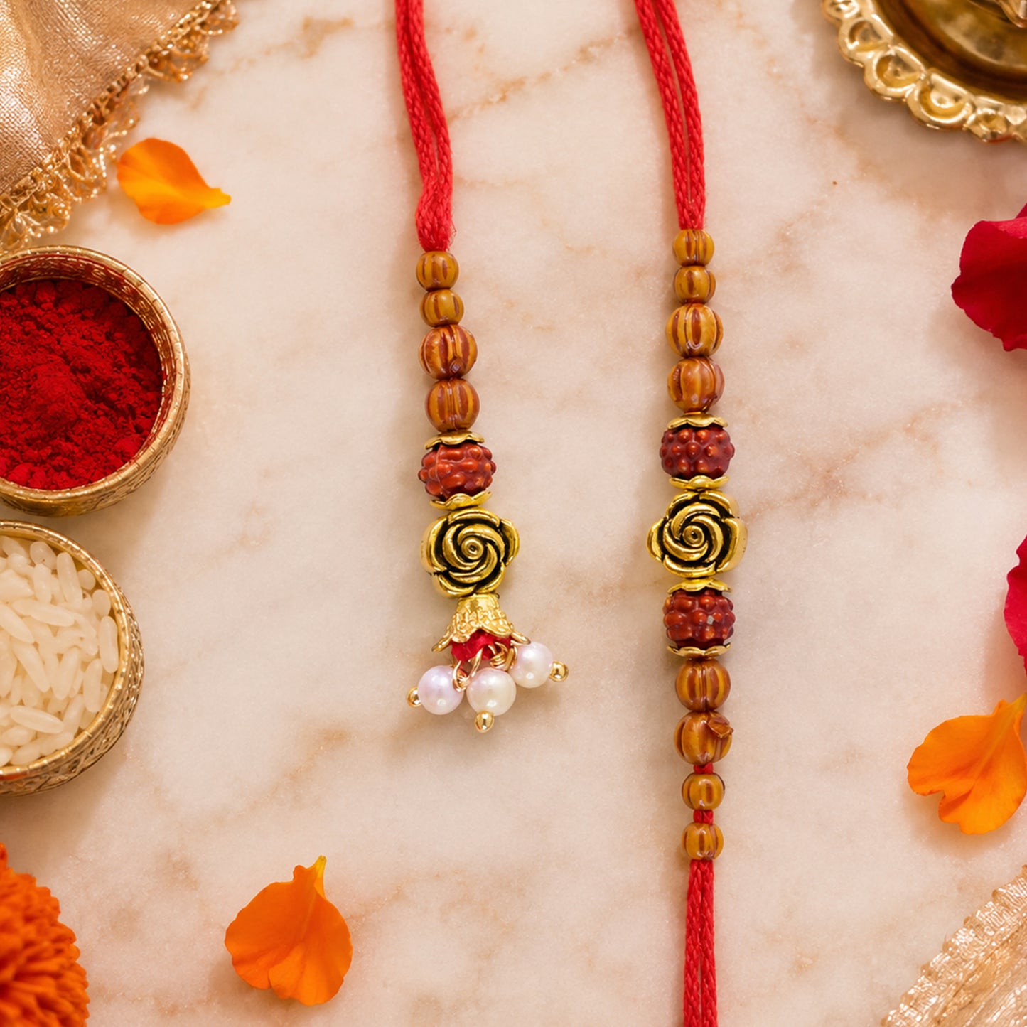 Antique Rose Couple Rakhi Set with Amber Beads and Pearl Drops for Raksha Bandhan