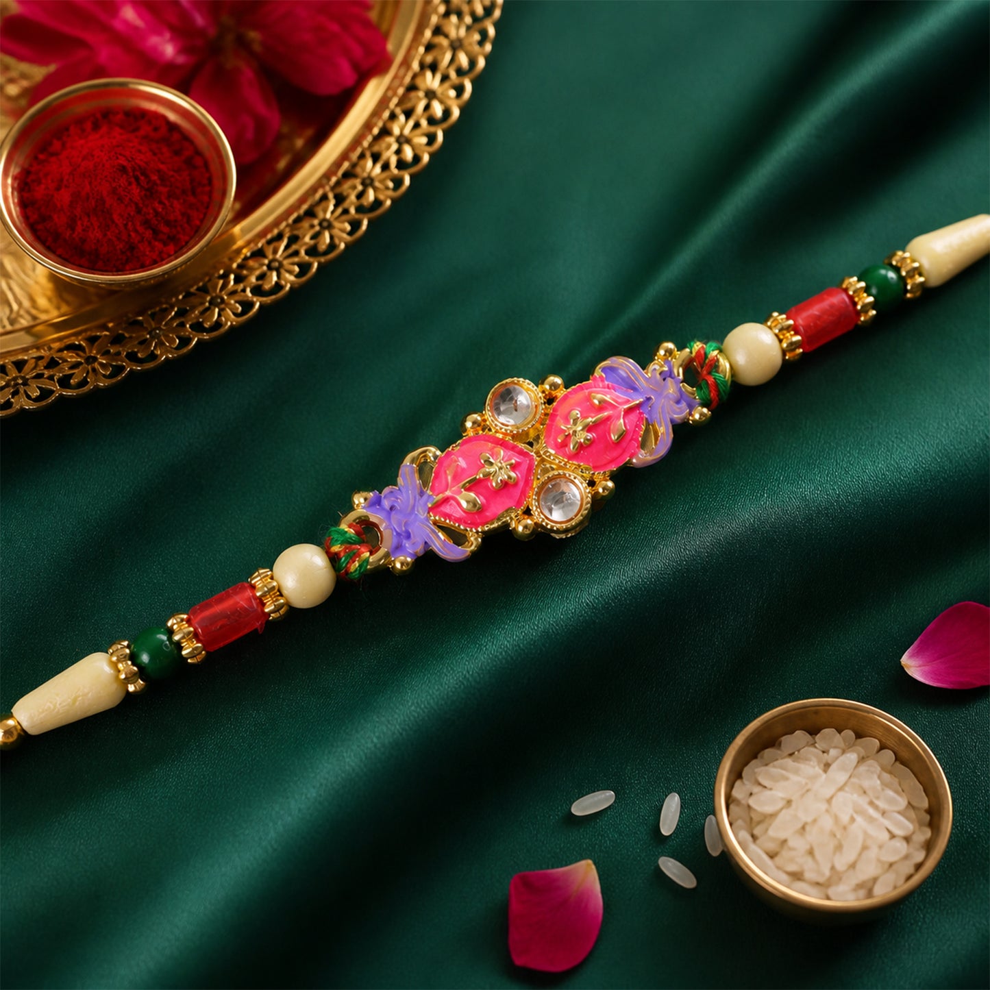 Pink and Purple Flower Kundan Pendant Rakhi with Pastel Beads