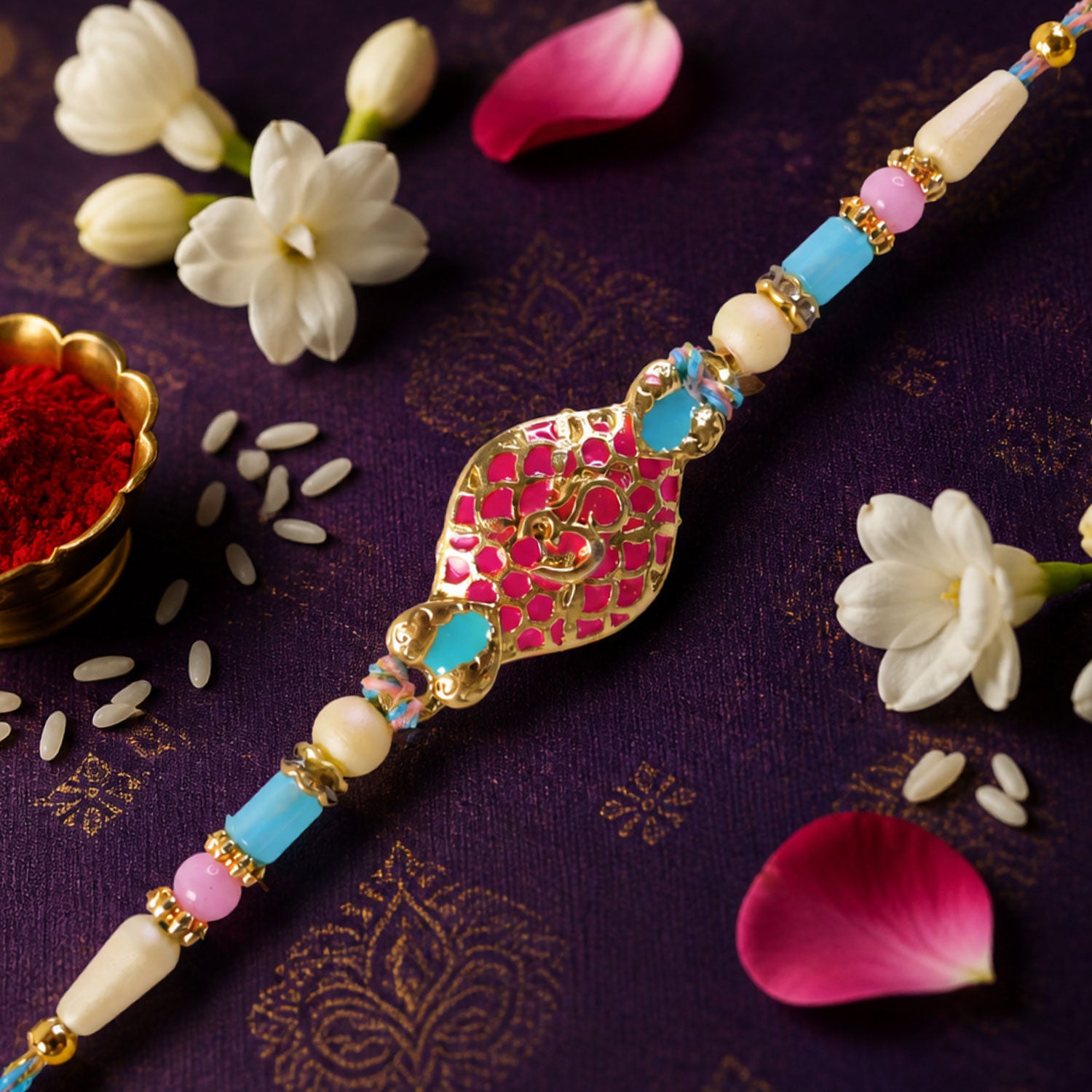 Festive Rakhi with Paisley Heart Charm, blue stones and wrist style for Gift Use