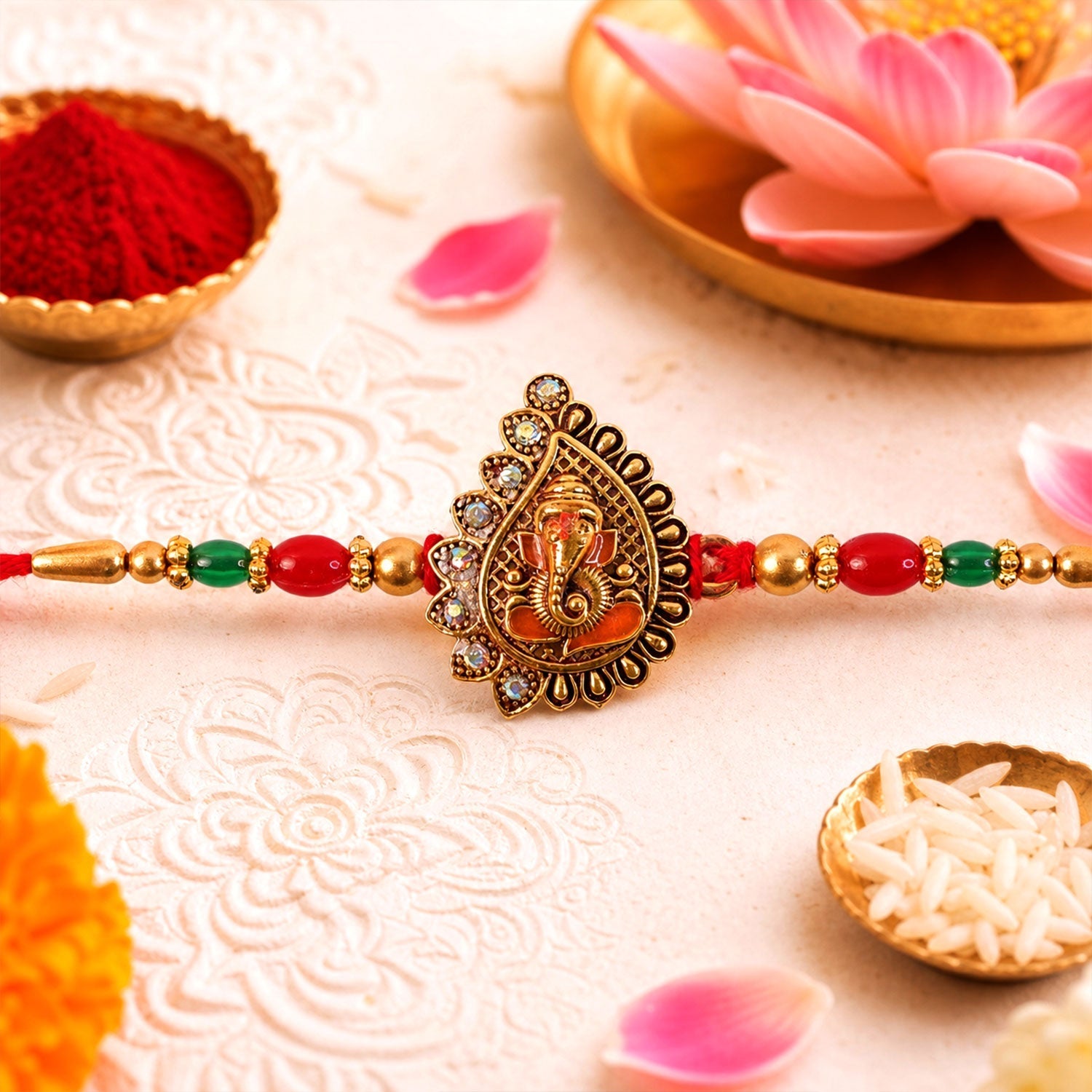Antique Golden Ganesha Rakhi with Red & Green Beads and Crystals (5pcs)
