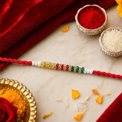 Red Braided Rakhi with Green, Yellow and White Bead Pendant Row