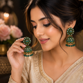 Elegant Green Meenakari Jhumka Earrings for Women – Traditional Gold-Tone Ethnic Jewellery