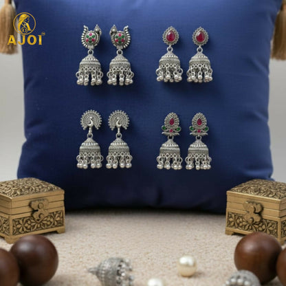 Oxidised Silver Traditional Jhumka Earrings Combo Set (4 Pairs) for Women & Girls