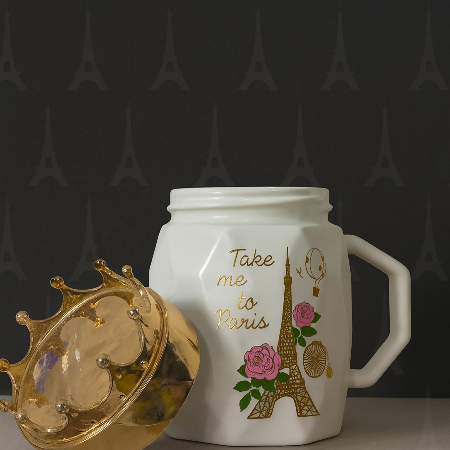 White Paris Ceramic Mug with Golden Crown Lid | Luxury Gift Coffee Cup