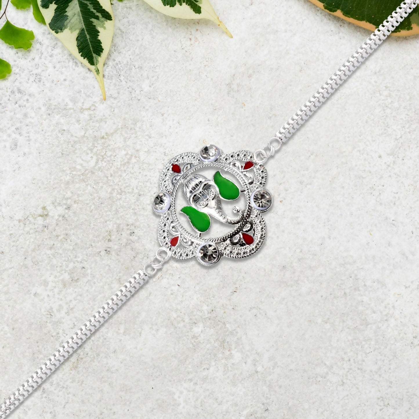 Ganesh Motif Rakhi Elegant Silver Chain Green Enamel (10pcs)