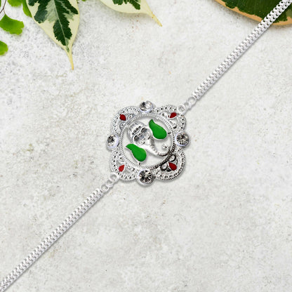 Ganesh Motif Rakhi Elegant Silver Chain Green Enamel (10pcs)