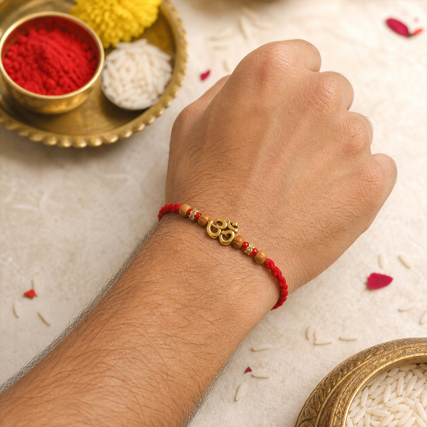 Navy-Red Thread Rakhi with Golden Om Pendant and Beaded Accents