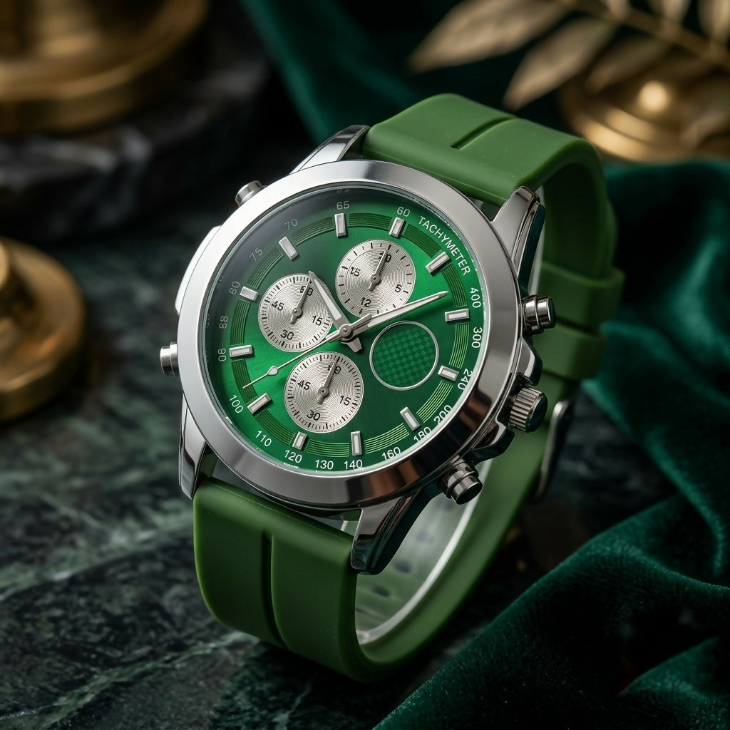 A green and silver watch with a rubber strap, resting on dark green velvet fabric. The dial has three small silver subdials.