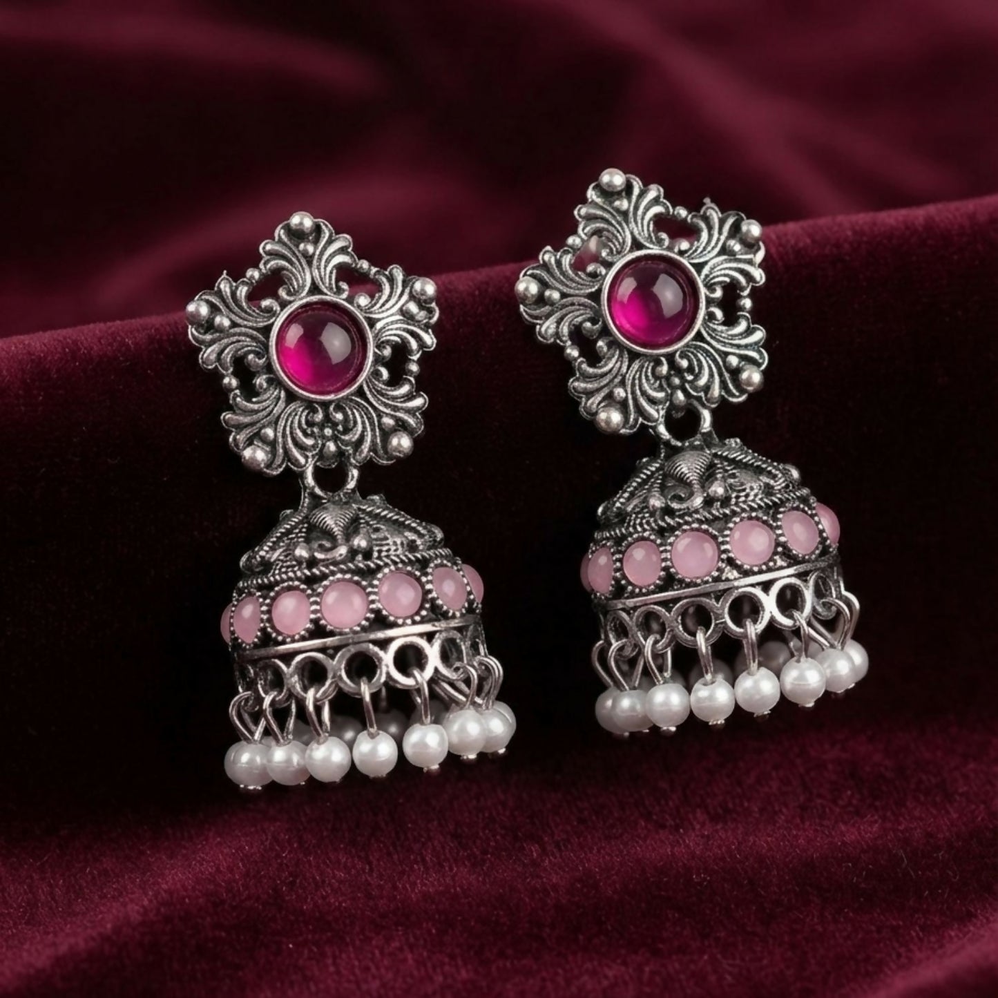 Traditional Oxidized Silver Jhumka Earrings with Pastel Stones and Pearl Drops Pair