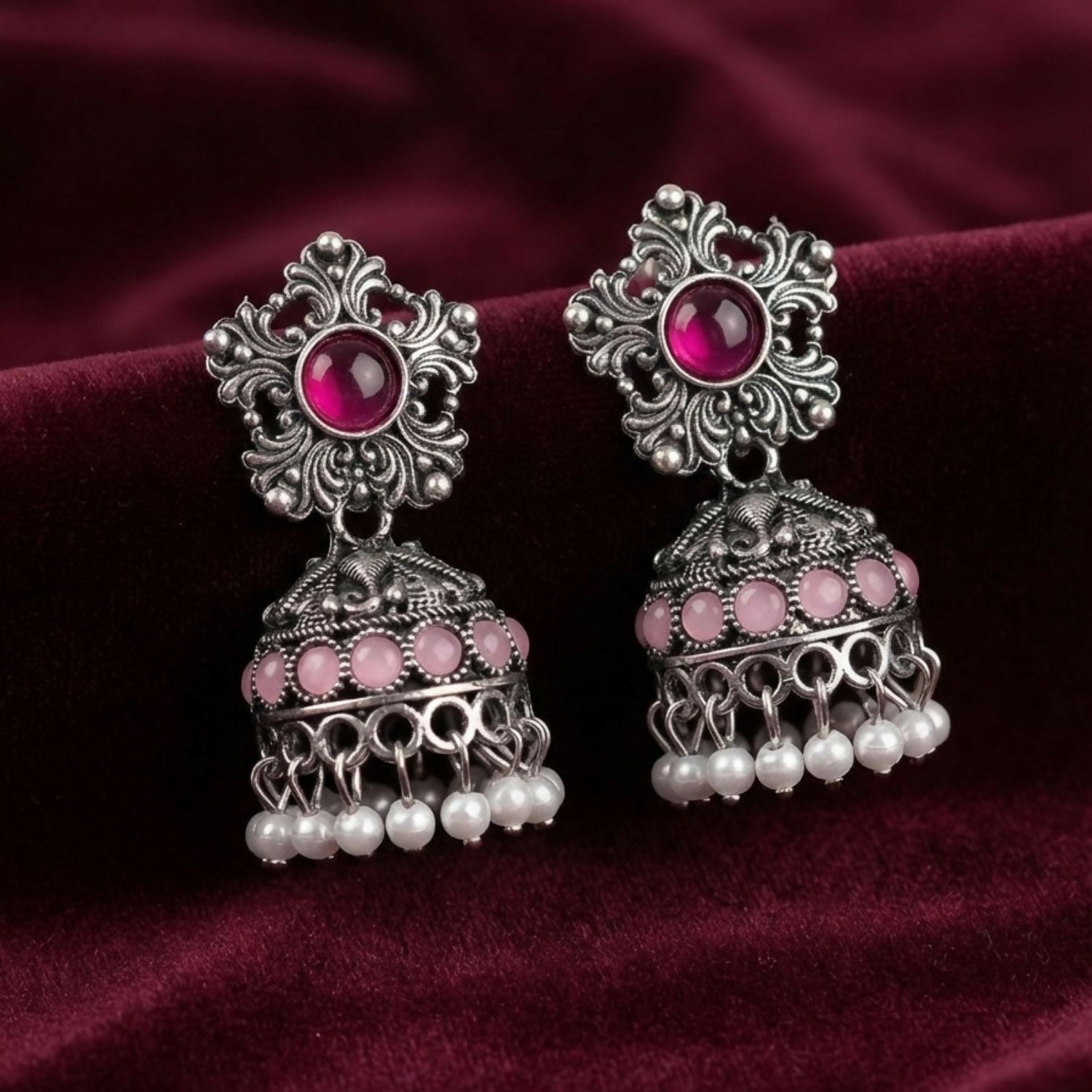 Traditional Oxidized Silver Jhumka Earrings with Pastel Stones and Pearl Drops Pair