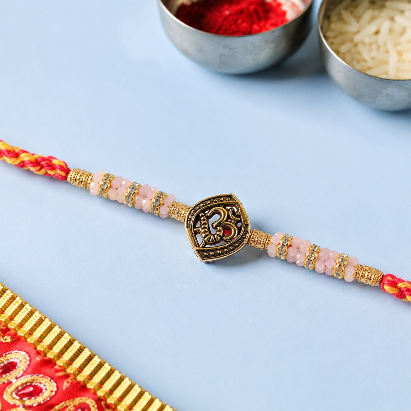 Silver Tone Designer Rakhi with Pastel Beads and Elegant Bracelet Style Finish