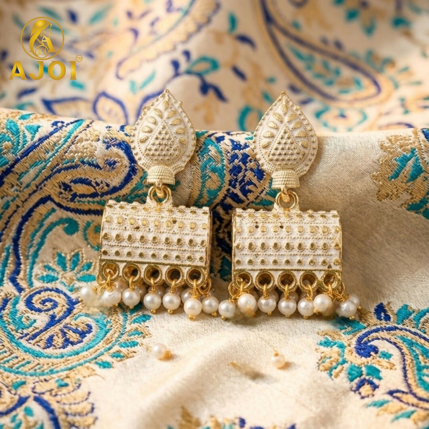 Elegant Gold Plated Pearl Drop Ethnic Earrings with White Design