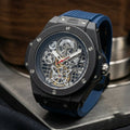 Luxury Skeleton Chronograph Wristwatch with Blue Rubber Strap
