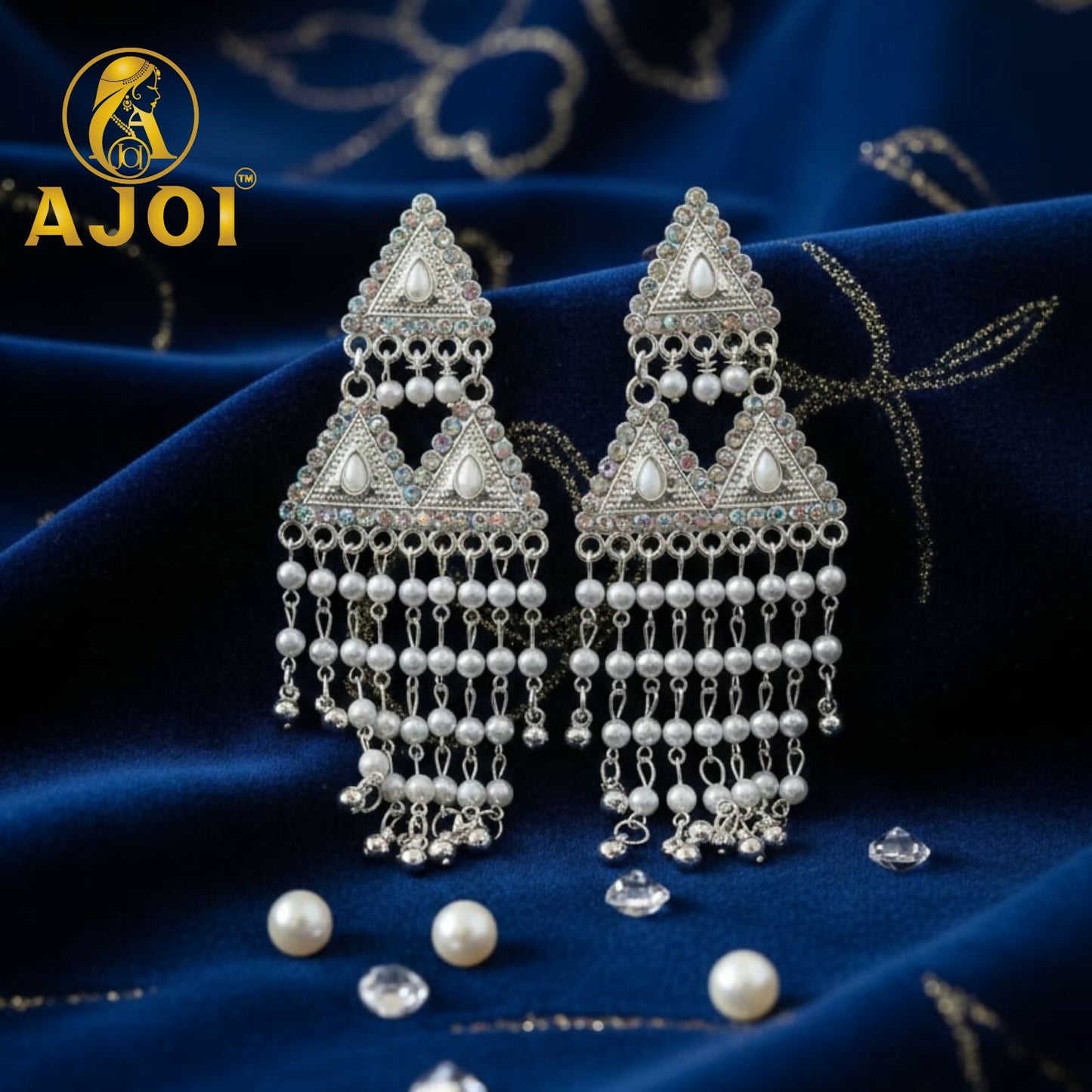 Royal Pearl Drop Silver Designer Earrings with Elegant Dangling Tassels