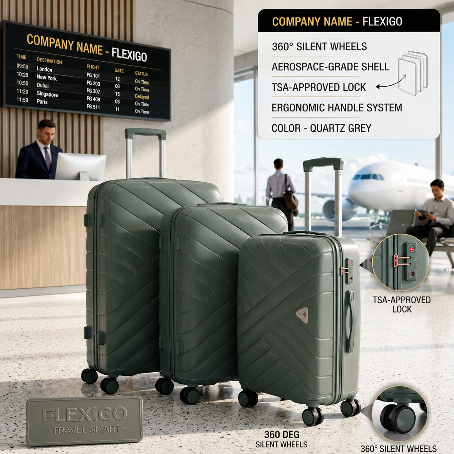 Quartz Grey Hard Shell Trolley Suitcase with 360° Wheels & TSA Lock for Easy Travel