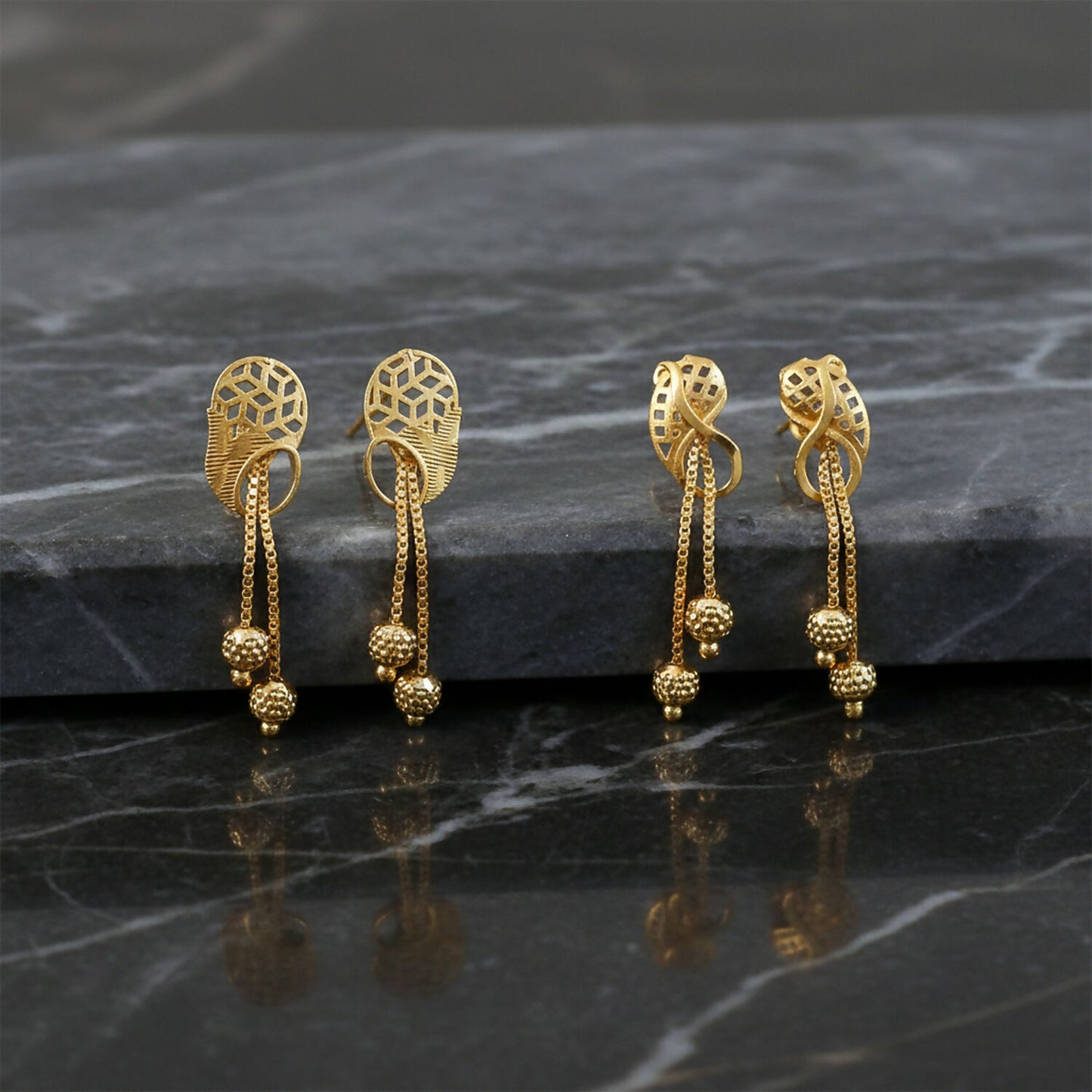 Vintage Inspired Geometric Gold Drop Earrings with Triple Bead Chain Drops (2 Pair)