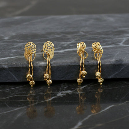 Vintage Inspired Geometric Gold Drop Earrings with Triple Bead Chain Drops (2 Pair)