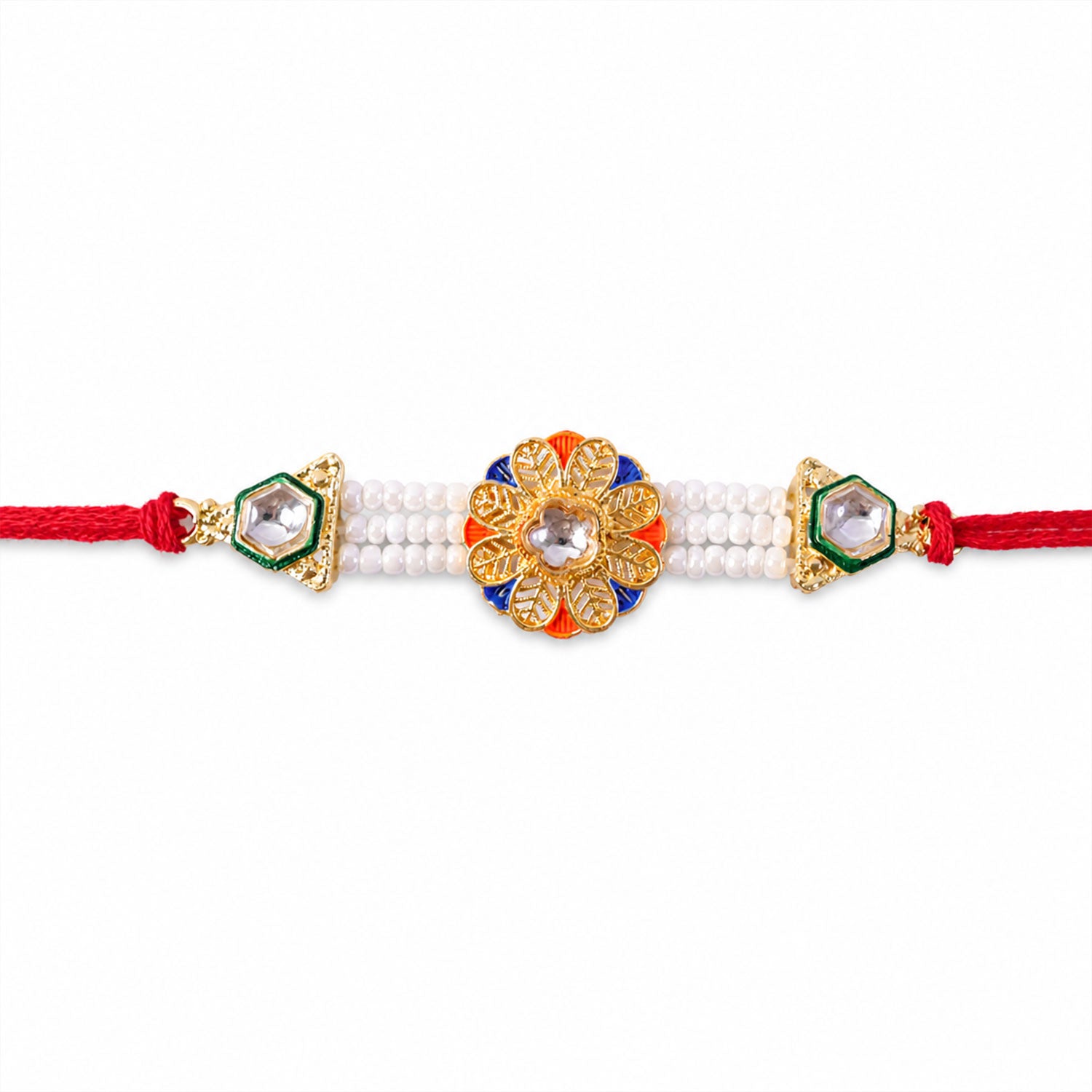 Pearl Flower Rakhi with Blue Yellow Details and Elegant Festive Brother Gift Styling