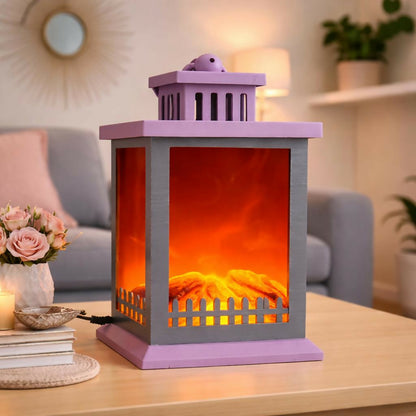 Side view of LED fireplace lantern lamp on wooden table