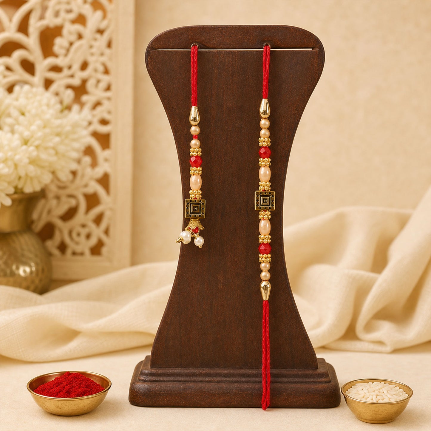 Graceful Circular Medallion Bhai Bhabhi Rakhi with Oval Pendant for Festive Gifting